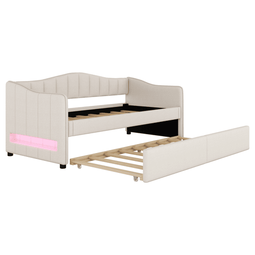 Cama individual 90x200 cm - sofá-cama extensível, luz ambiente, linho, estilo minimalista - bege