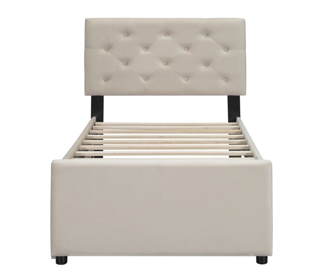 Lit simple 90x200cm en velours - avec un lit gigogne - avec sommier à lattes - beige (matelas non inclus)