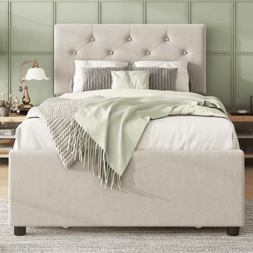 Cama individual 90x200cm em veludo - com cama de rodízio - com estrado de ripas - Bege (colchão não incluído)