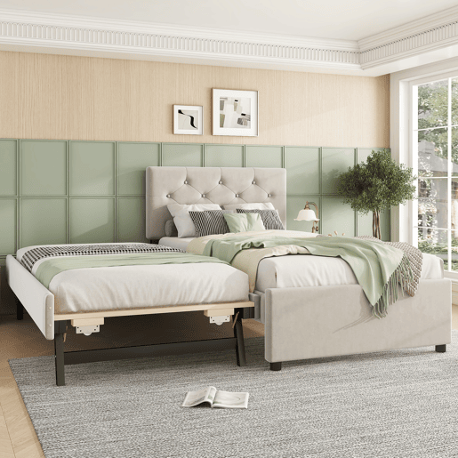Cama individual 90x200cm em veludo - com cama de rodízio - com estrado de ripas - Bege (colchão não incluído)