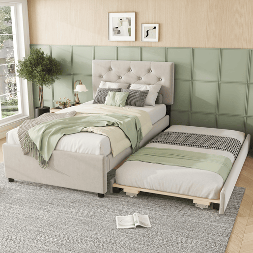 Cama individual 90x200cm em veludo - com cama de rodízio - com estrado de ripas - Bege (colchão não incluído)