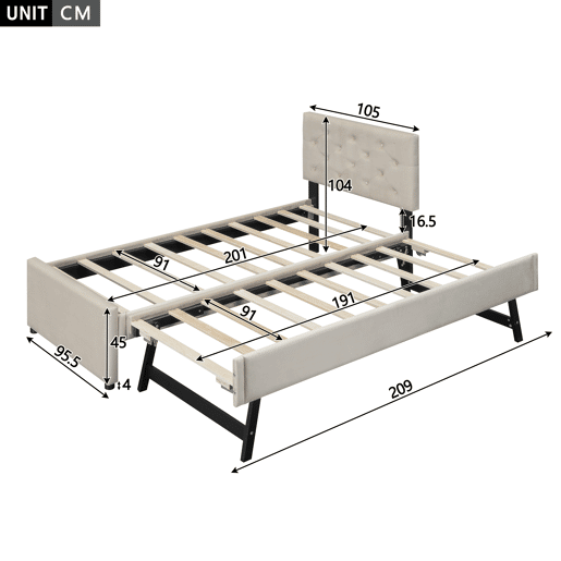 Cama individual 90x200cm em veludo - com cama de rodízio - com estrado de ripas - Bege (colchão não incluído)