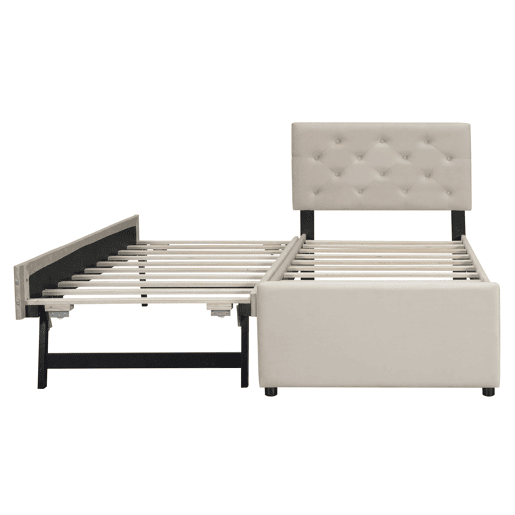 Cama individual 90x200cm em veludo - com cama de rodízio - com estrado de ripas - Bege (colchão não incluído)