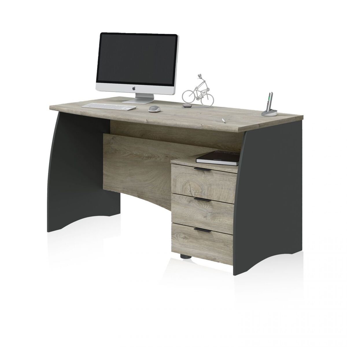 Mesa de escritorio con 3 cajones en roble alaska y gris antracita 136x67 cm elan roble alaska - gris antracita 136 x 74 x 67 cm