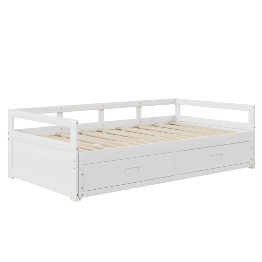 Cama de rodízio em madeira de pinho - com gavetas - 90180x200cm - Branco