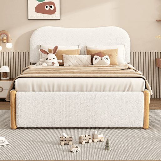 Cama estofada de pelúcia 140x200 cm - com estrado de molas extraível - com estrado de ripas de MDF - Branco