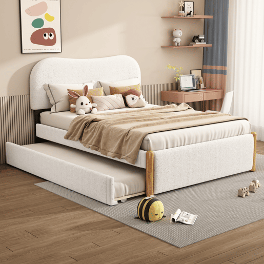Cama estofada de pelúcia 140x200 cm - com estrado de molas extraível - com estrado de ripas de MDF - Branco