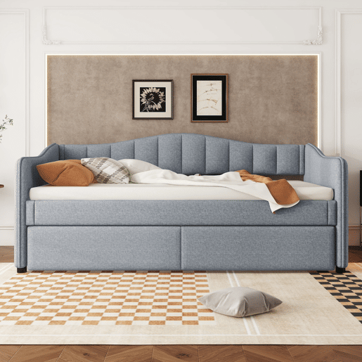 Cama de dia 90x200 cm - Cama extensível, sofá-cama, sem colchão, luz ambiente, linho - Cinza