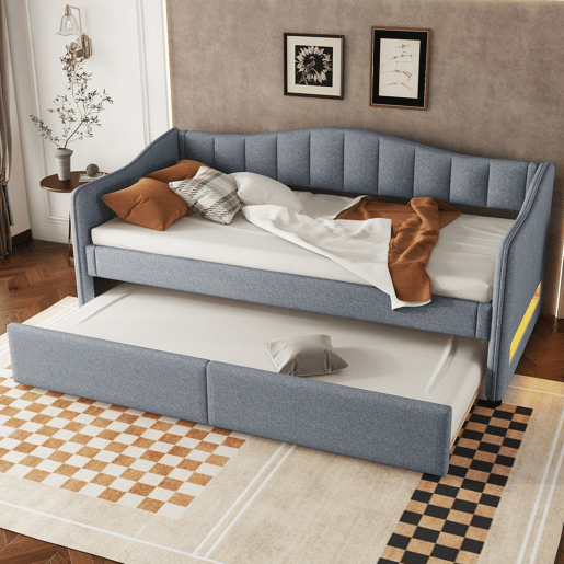 Cama de dia 90x200 cm - Cama extensível, sofá-cama, sem colchão, luz ambiente, linho - Cinza