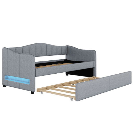 Cama de dia 90x200 cm - Cama extensível, sofá-cama, sem colchão, luz ambiente, linho - Cinza