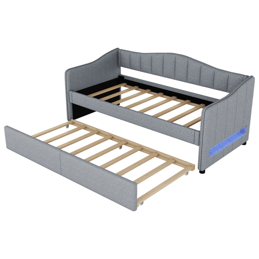 Cama de dia 90x200 cm - Cama extensível, sofá-cama, sem colchão, luz ambiente, linho - Cinza