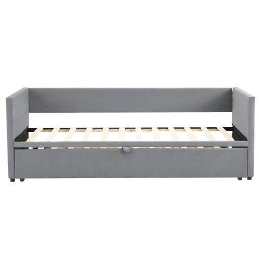 Cama de rodízio de veludo com estrado de ripas - 90180x200cm - Cinzento claro