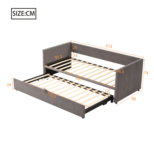 Cama de rodízio de veludo com estrado de ripas - 90180x200cm - Cinzento claro