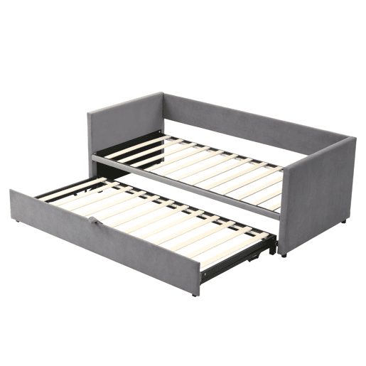 Cama de rodízio de veludo com estrado de ripas - 90180x200cm - Cinzento claro