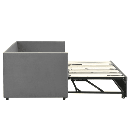 Cama de rodízio de veludo com estrado de ripas - 90180x200cm - Cinzento claro