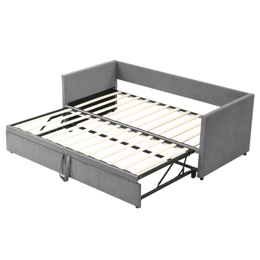 Cama de rodízio de veludo com estrado de ripas - 90180x200cm - Cinzento claro