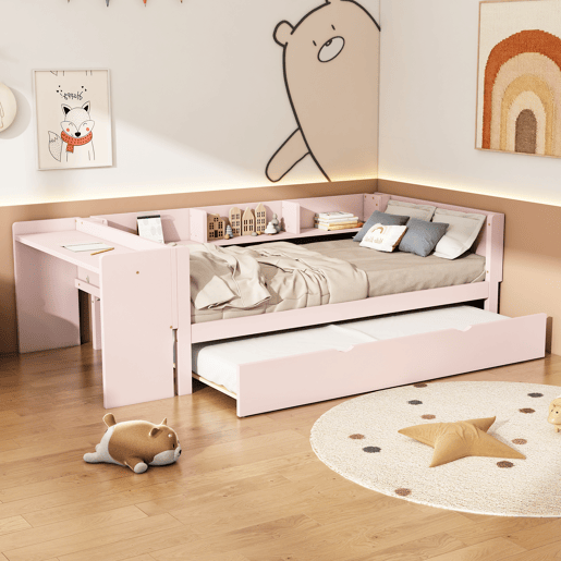 Cama individual 90x200 cm com cama de rodízio - com secretária lateral - Rosa