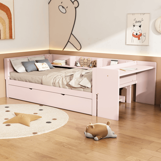 Cama individual 90x200 cm com cama de rodízio - com secretária lateral - Rosa