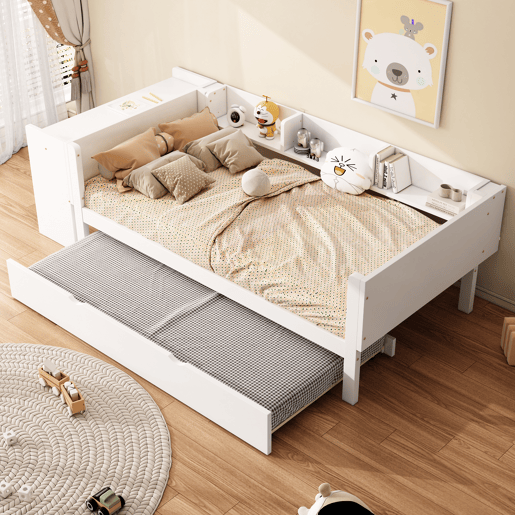 Cama individual 90x200 cm com cama com gavetão - com secretária lateral - Branco