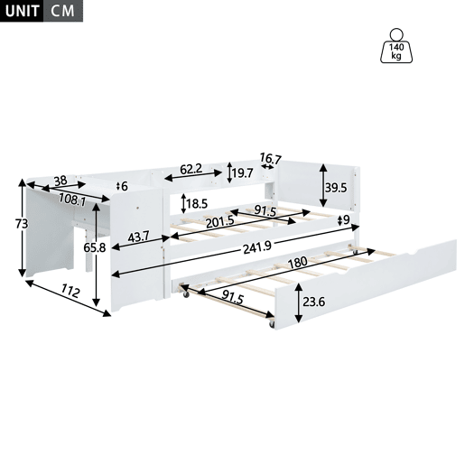 Cama individual 90x200 cm com cama com gavetão - com secretária lateral - Branco