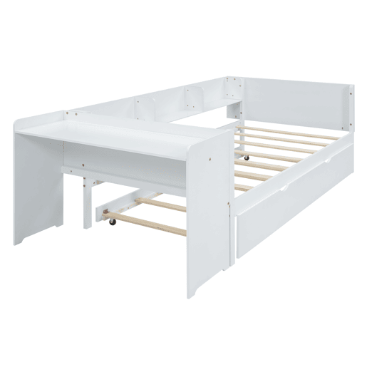 Cama individual 90x200 cm com cama com gavetão - com secretária lateral - Branco