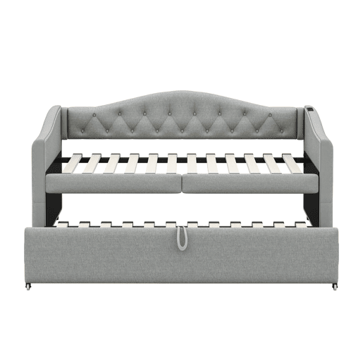 Cama com gavetão de linho 90x200cm e 90x190cm - com porta USB e estrado - Cinzento
