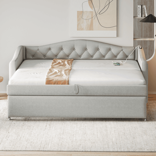 Cama com gavetão de linho 90x200cm e 90x190cm - com porta USB e estrado - Cinzento