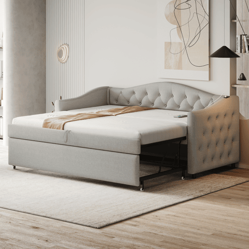 Cama com gavetão de linho 90x200cm e 90x190cm - com porta USB e estrado - Cinzento