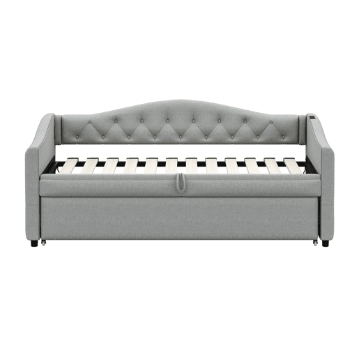 Cama com gavetão de linho 90x200cm e 90x190cm - com porta USB e estrado - Cinzento