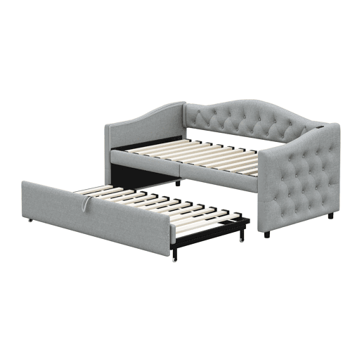 Cama com gavetão de linho 90x200cm e 90x190cm - com porta USB e estrado - Cinzento