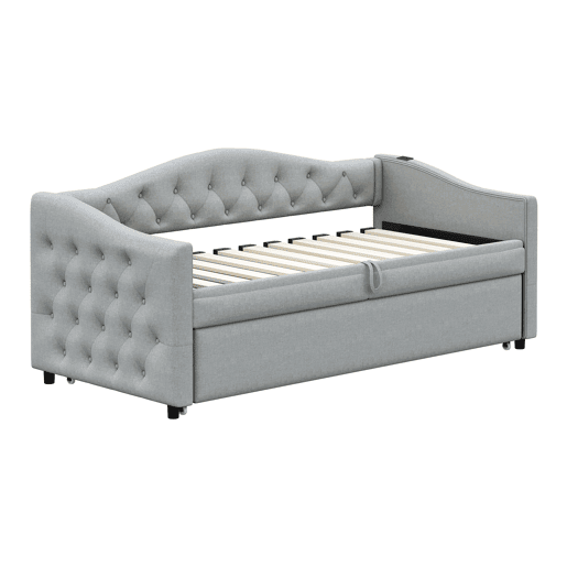Cama com gavetão de linho 90x200cm e 90x190cm - com porta USB e estrado - Cinzento
