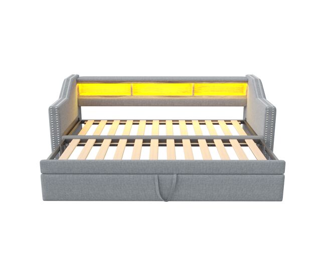 Sofá cama extraíble 90/180x190cm de lino - con led y usb - con somier - gris claro