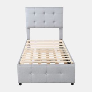 Cama com gavetão estofada 90x200cm - cabeceira regulável - tecido de linho - Cinzento