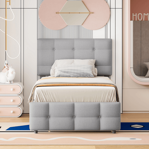 Cama com gavetão estofada 90x200cm - cabeceira regulável - tecido de linho - Cinzento