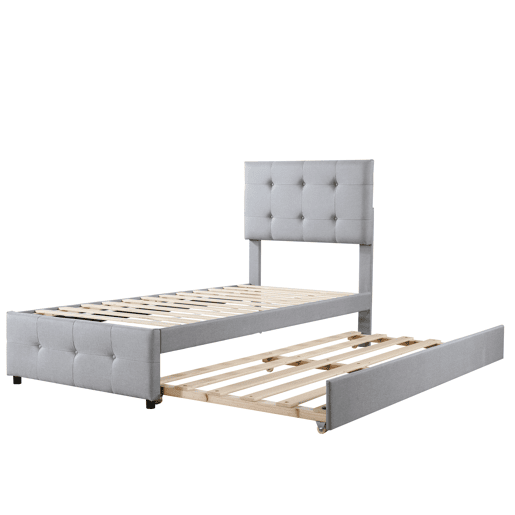 Cama com gavetão estofada 90x200cm - cabeceira regulável - tecido de linho - Cinzento