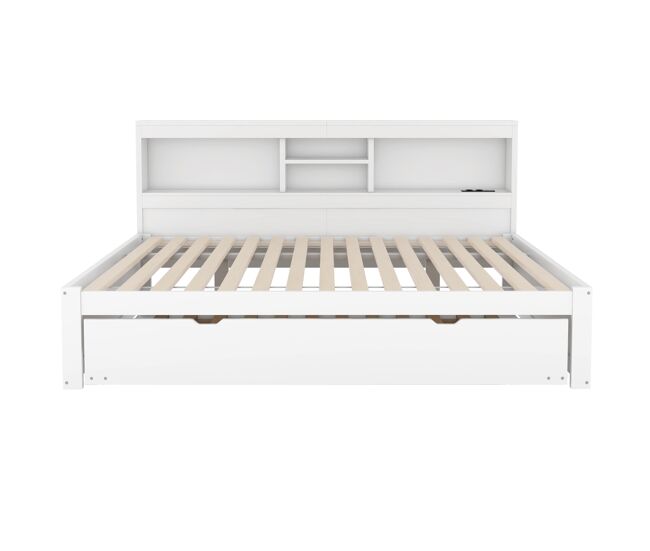 Diván de 140x200cm con cama nido de 90x190cm - mesilla de noche con almacenaje, led y enchufes - blanco