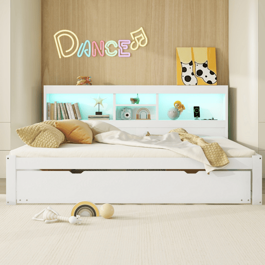 Divã de 140x200cm com cama com gavetão de 90x190cm - mesa de cabeceira com arrumação, LED e tomadas - Branco