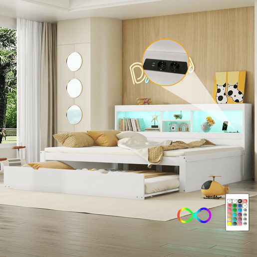 Divã de 140x200cm com cama com gavetão de 90x190cm - mesa de cabeceira com arrumação, LED e tomadas - Branco