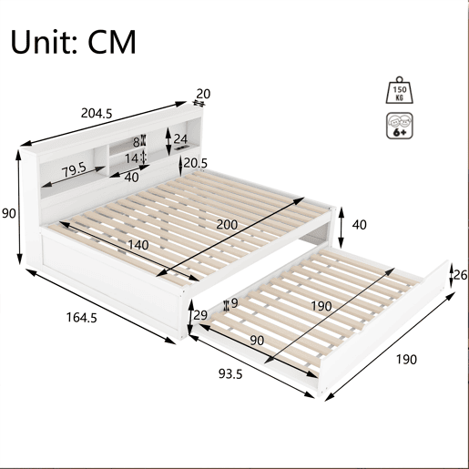 Divã de 140x200cm com cama com gavetão de 90x190cm - mesa de cabeceira com arrumação, LED e tomadas - Branco