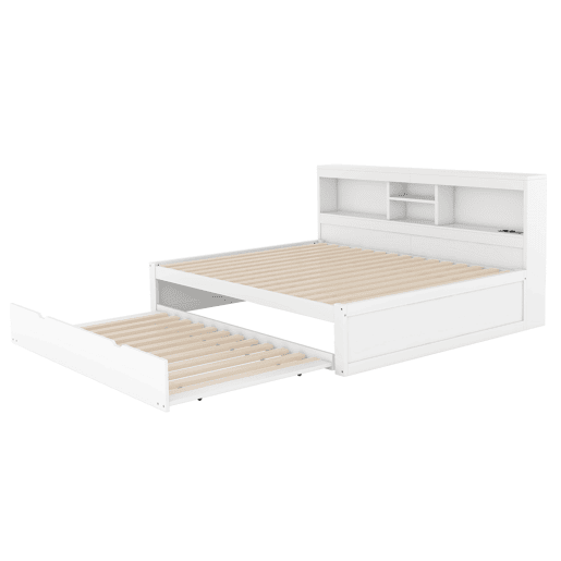 Divã de 140x200cm com cama com gavetão de 90x190cm - mesa de cabeceira com arrumação, LED e tomadas - Branco