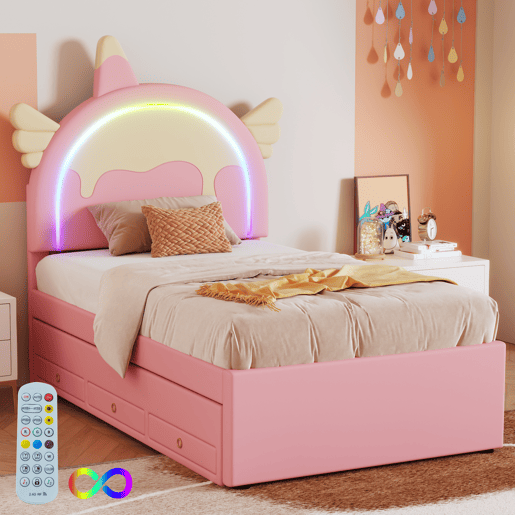 Cama de criança 90x200cm com cama com gavetão 90x190cm - cabeceira em forma de unicórnio com LED - em pele sintética - Rosa