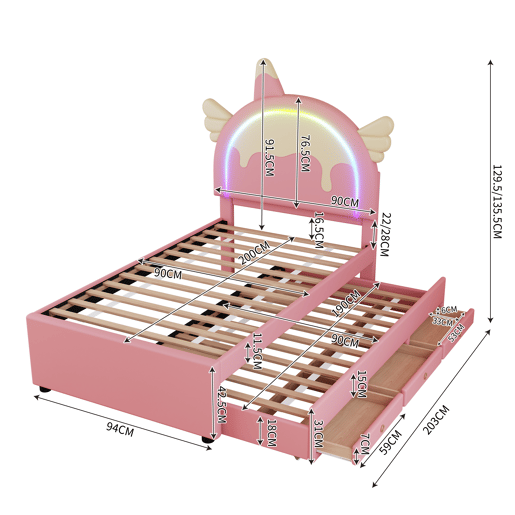 Cama de criança 90x200cm com cama com gavetão 90x190cm - cabeceira em forma de unicórnio com LED - em pele sintética - Rosa