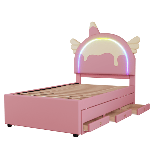 Cama de criança 90x200cm com cama com gavetão 90x190cm - cabeceira em forma de unicórnio com LED - em pele sintética - Rosa