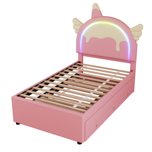 Cama de criança 90x200cm com cama com gavetão 90x190cm - cabeceira em forma de unicórnio com LED - em pele sintética - Rosa