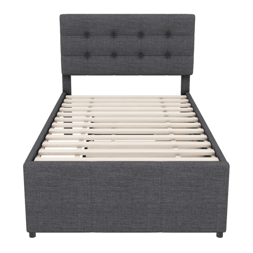 Cama estofada 90x200cm com cama de rodízio 90x190cm - em tecido de linho - com 3 gavetas e estrado de molas - Cinzento