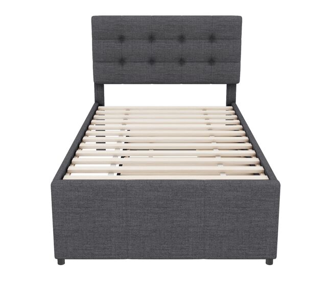 Cama tapizada 90x200cm con cama nido 90x190cm - en tejido de lino - con 3 cajones y somier - gris