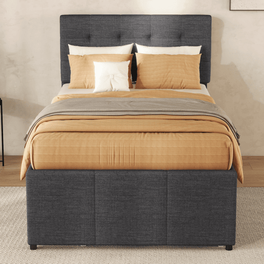 Cama estofada 90x200cm com cama de rodízio 90x190cm - em tecido de linho - com 3 gavetas e estrado de molas - Cinzento