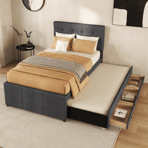 Cama estofada 90x200cm com cama de rodízio 90x190cm - em tecido de linho - com 3 gavetas e estrado de molas - Cinzento