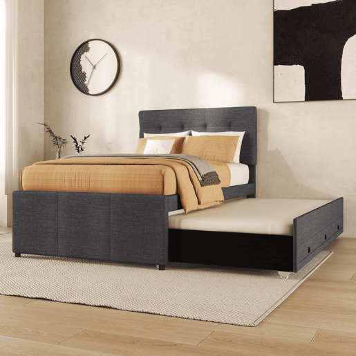 Cama estofada 90x200cm com cama de rodízio 90x190cm - em tecido de linho - com 3 gavetas e estrado de molas - Cinzento