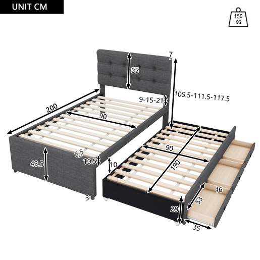 Cama estofada 90x200cm com cama de rodízio 90x190cm - em tecido de linho - com 3 gavetas e estrado de molas - Cinzento